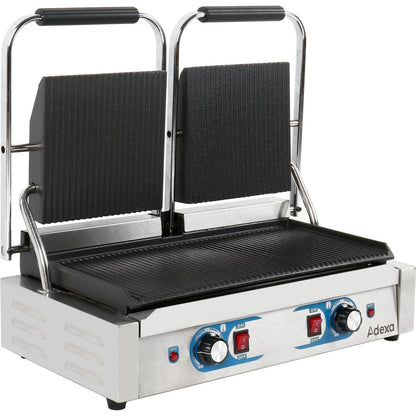 Heavy Duty Twin Panini Contact grill Dual Zone 3.6kW Ribbed | Adexa MLP813